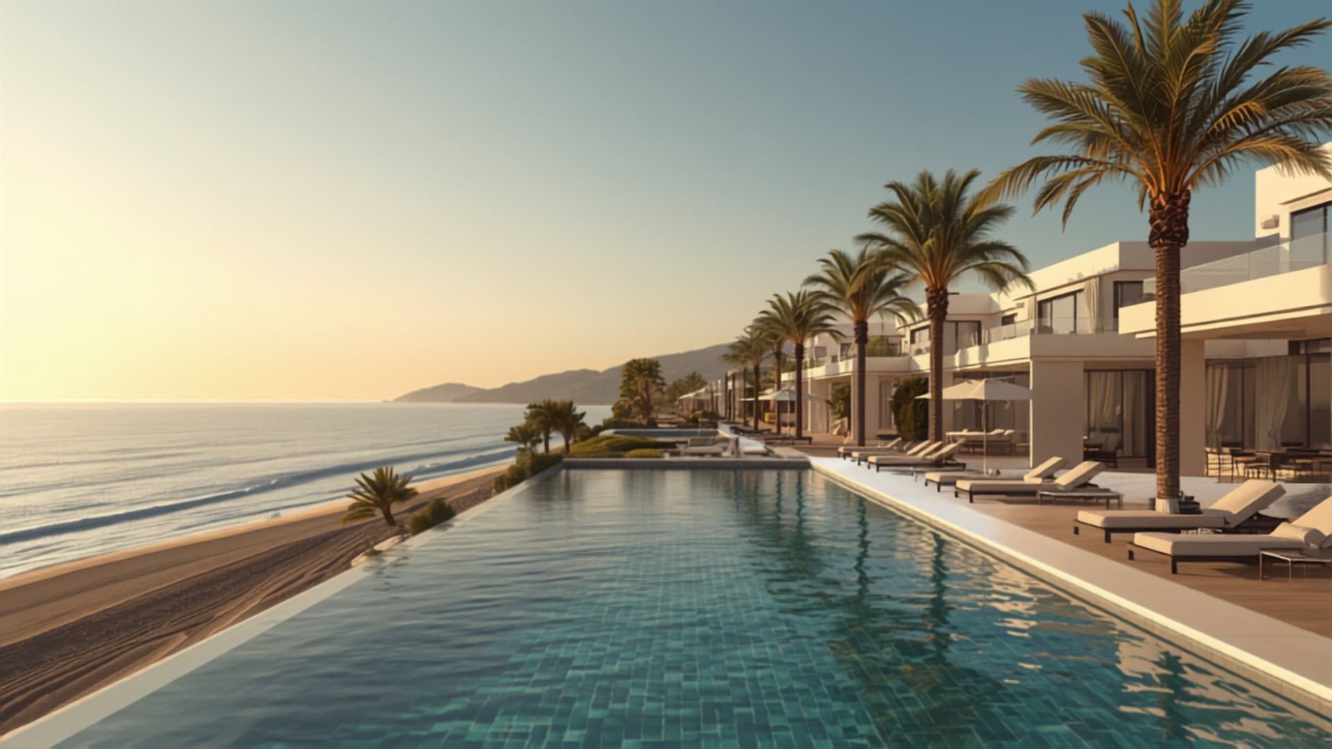 Beachfront villas on the Costa del Sol at sunset